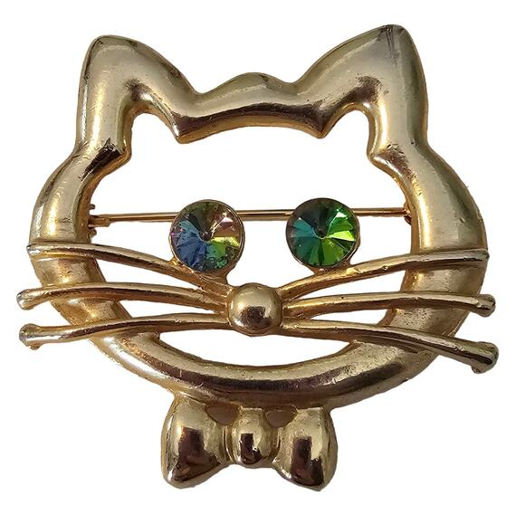 Vintage Gold Cat Brooch with Rhinestone Eyes & Bowtie - Picture 1 of 6